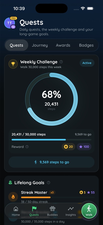 StepTrove weekly challenge and quest progress screen