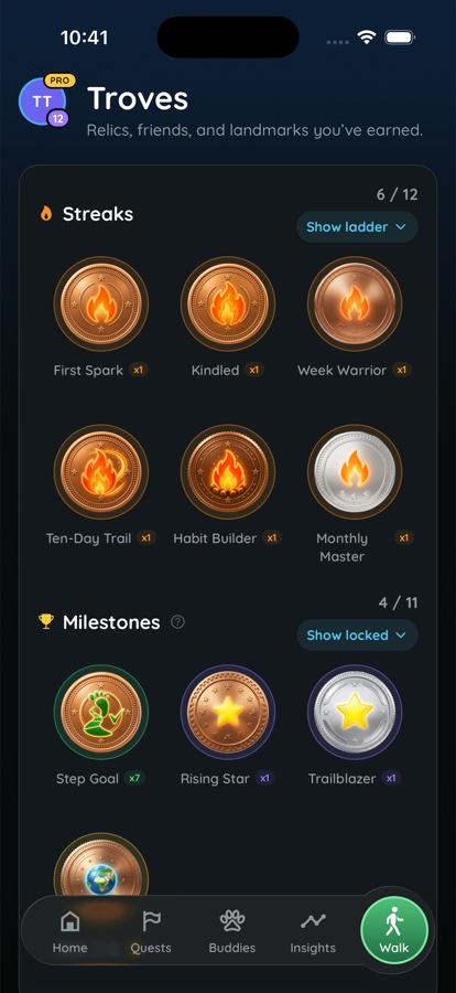 StepTrove Troves screen showing earned medals