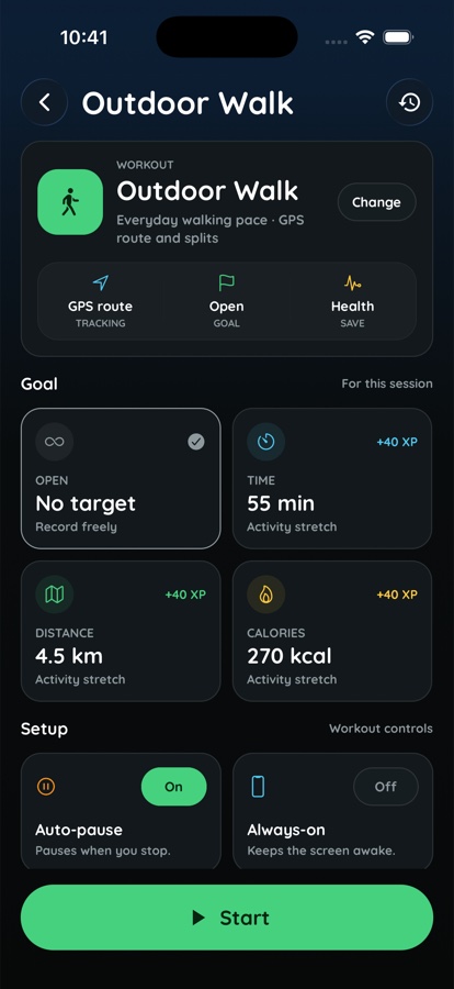 StepTrove outdoor walk setup screen